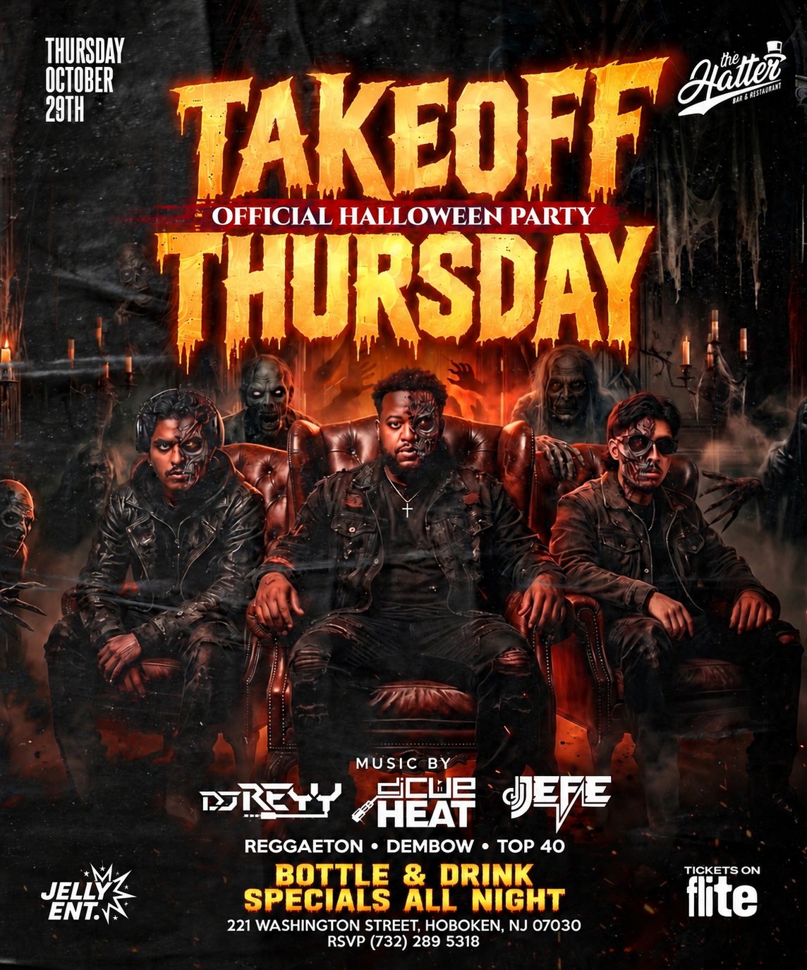 Take Off Thursday Official Halloween Party flyer, Thursday October 29 at The Hatter, Hoboken NJ
